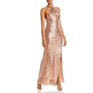 AQUA Rose Gold Column Gown Sequined Backless Cut Out Halter Formal Dress Size 10